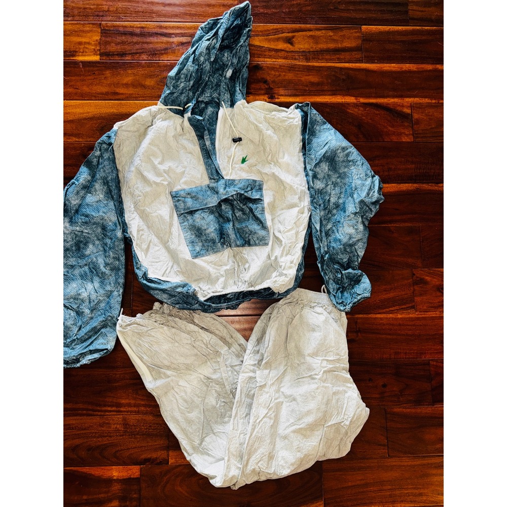 Frogg Toggs Rain Suit Mens S-MD Blue White Acid Wash 2pc Hooded Jacket Pants EXC